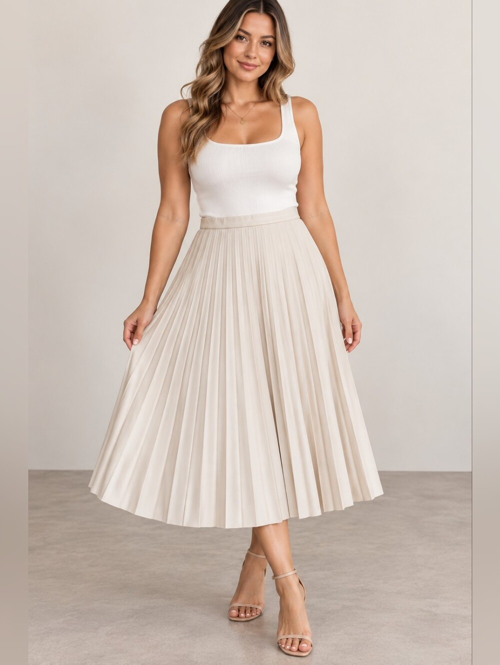 7 For All Mankind Cream Pleated Midi Skirt